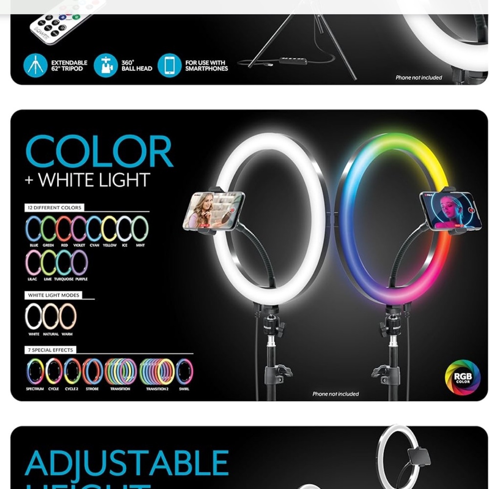 Bower 12” RGB LED Selfie Ring Light Kit w/ Tripod & Wireless Remote - Picture 7 of 9